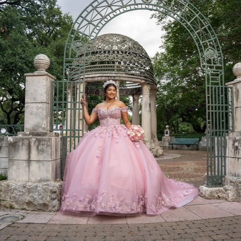 

Customized Pink Quinceanera Dresses Off the Shoulder crystal applique layering 3D flower Long tail Vestido De 15 Quinceanera