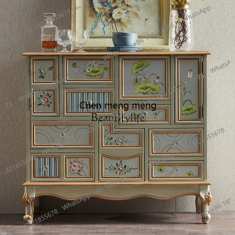 

American nine-chest cabinet solid wood painted flower dining side cabinet European living room entrance locker