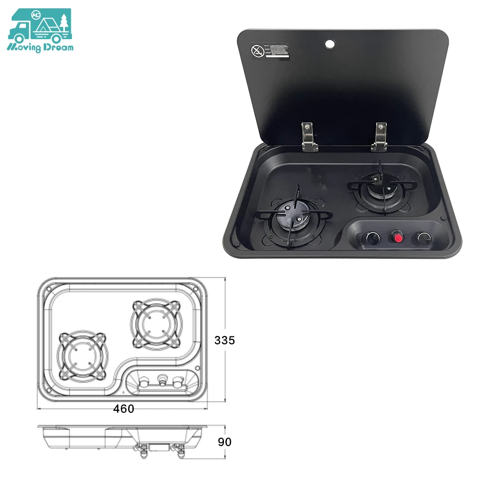 RV Gas Stove 2 Burner Built-in Cooktop Tempered Glass Lid, LPG Propane Gas Range Nano-Coated for Camper Motorhome Kitchen