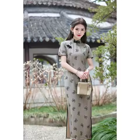 Summer Long Jacquard Improved Cheongsam Retro Elegant Performance Chinese Traditional Style Evening Dress Qipao for Women