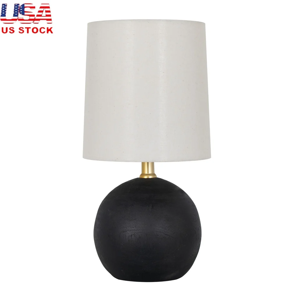 

12.5 Inch Mini Black Wood Ball Table Lamp with White Fabric Shade Push Through Switch Home Office Bedroom Lighting