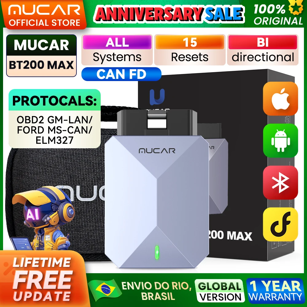 Mucar bt200 max can fd obd2 scanner 15 redefinições ai ferramentas de diagnóstico do carro todos os sistemas de varredura automática controle bidirecional atualização gratuita