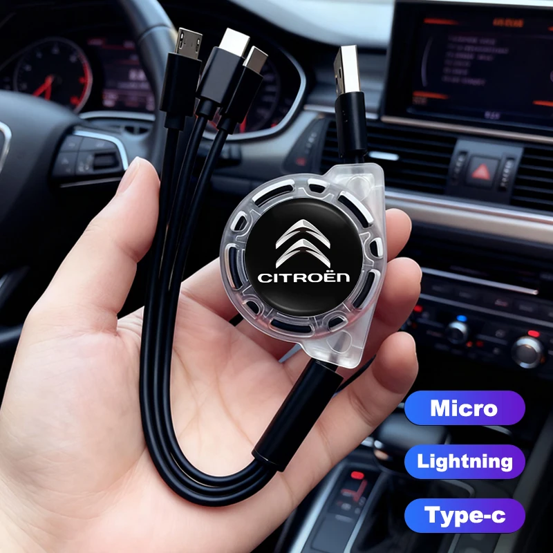 Cable de datos para coche, cargador 3 en 1, cable de carga portátil con válvula para Citroen C5X e-C4 X e-C3 C4 C3 C5 Berlingo C-Elysee C-Crosser C1