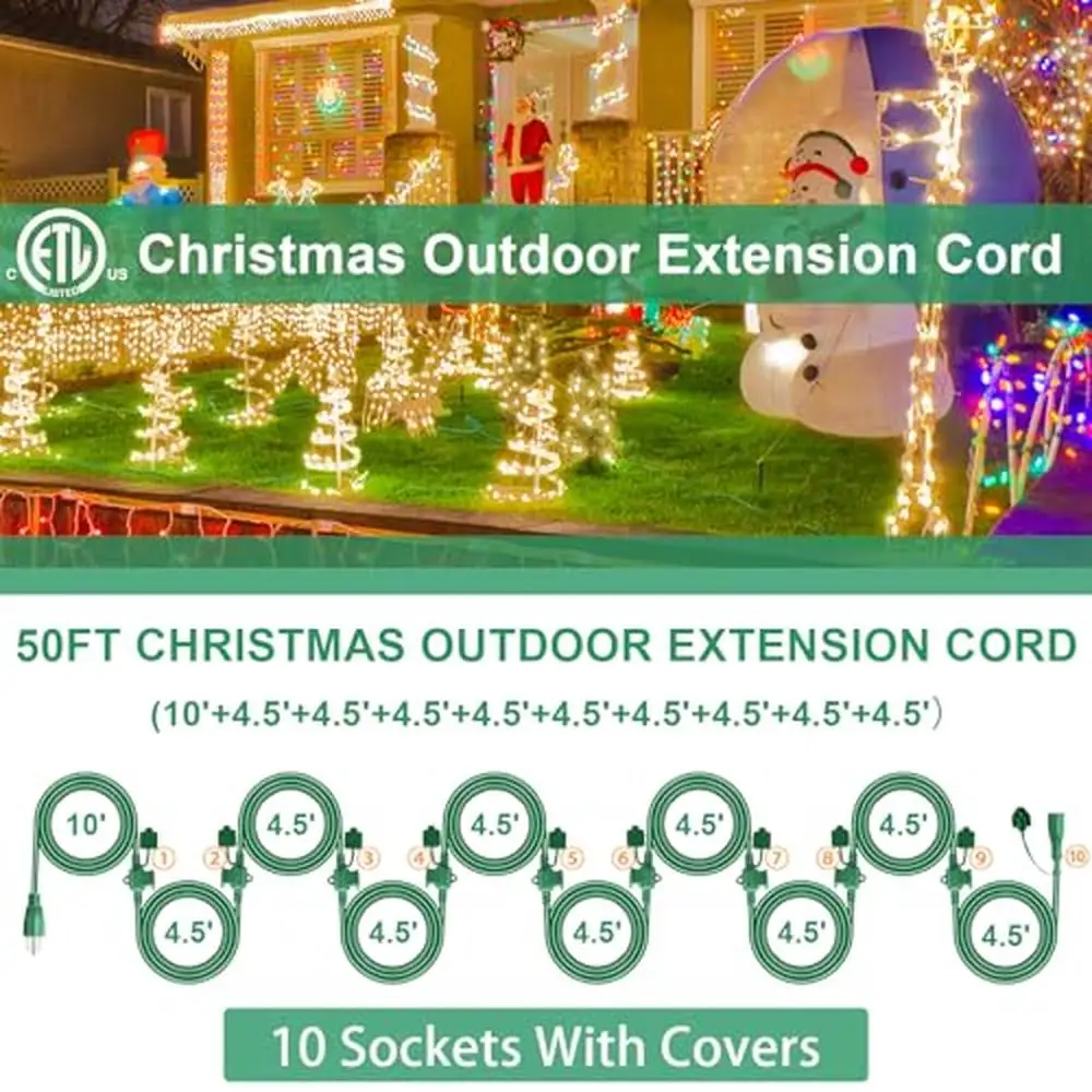 Outdoor Extension Cord 50ft 10 Outlets 16/3 SJTW Weatherproof Landscaping Light Winter Green Power Cord Evenly Spaced Plugs