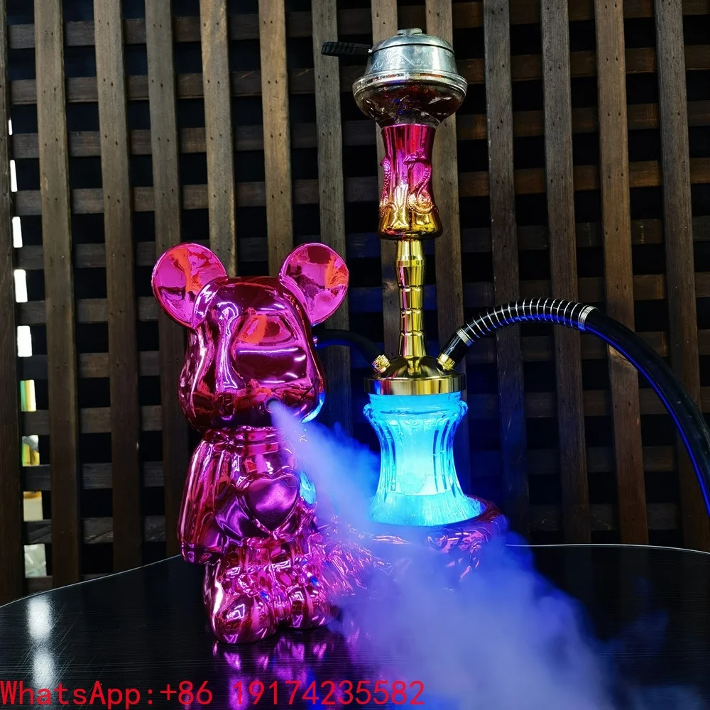 In Stock Manufacturer New Design Resin Craft Teddy Bear LED  Aluminum Water Pipe Hookah Set