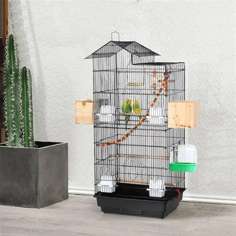 

39" Metal Bird Cage with Perches and Toys, Parrot Cage. Pet Cage, Black Bird Carrier