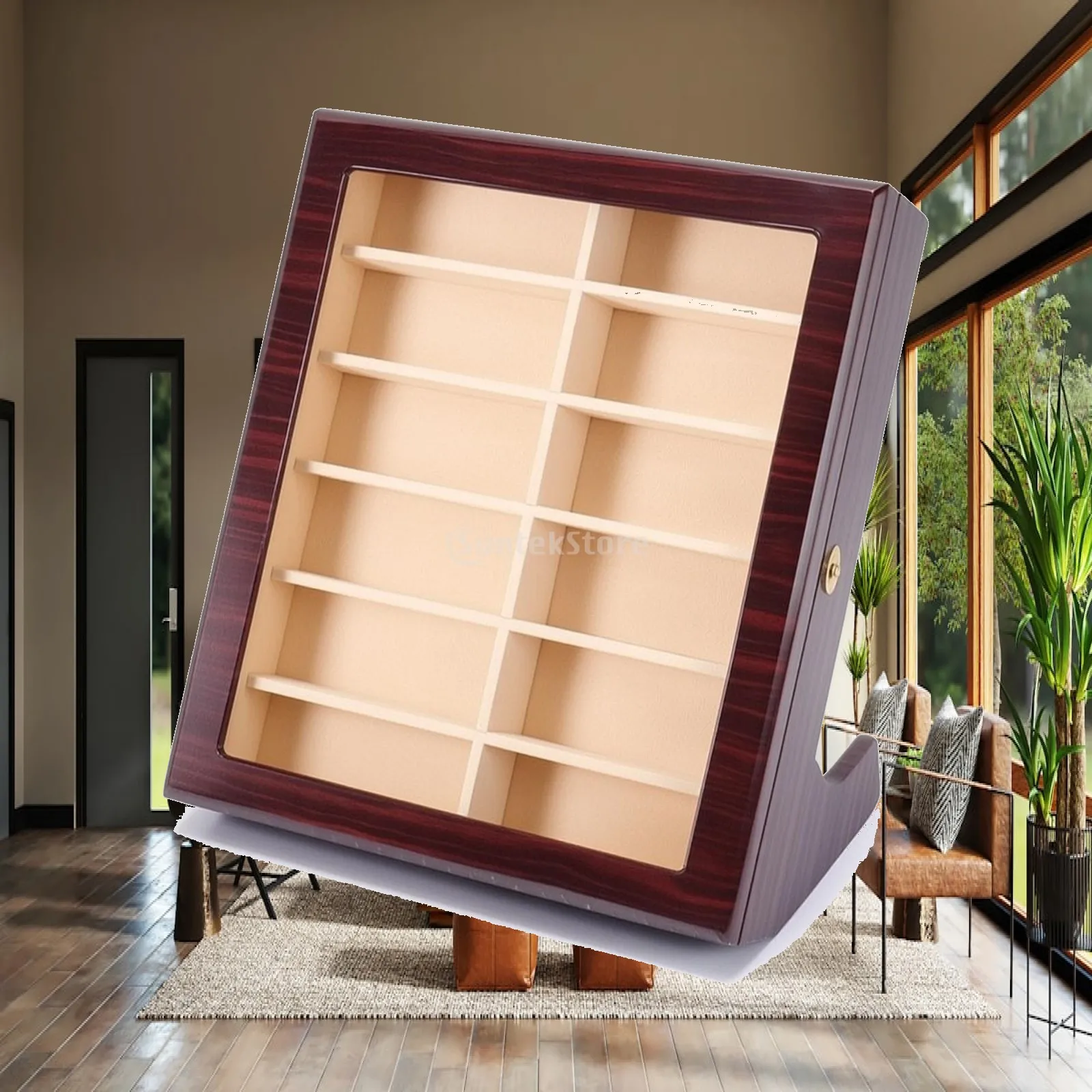 Eyewear Display Organizer with Secure Lock 12 Compartment Wooden Storage Case for Sunglasses and Reading Glasses Desktop Box