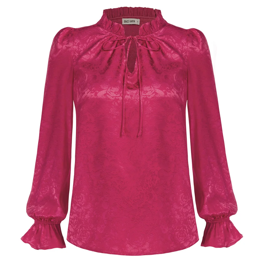 GRACE KARIN Women Ruffled Stand Collar Blouse Long Sleeve V-Neck Pullover Tops Office Lady Mock Neck Casual Work Shirt A30