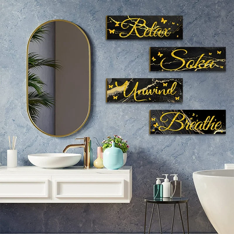 

4 PCS Bathroom To Relax Soak And Breathe Wall Art, Wooden Hanging Sign Rural Retro Farmhouse