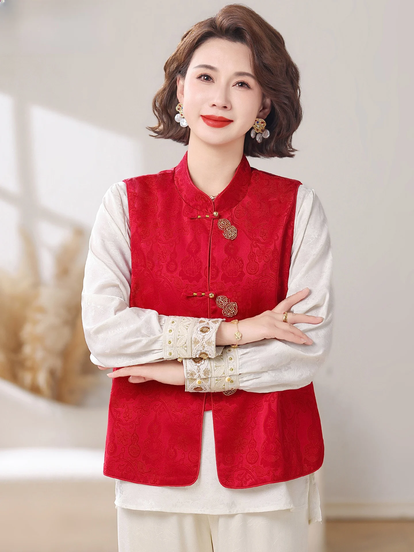 

New Chinese Sle Red Vest Coat Spring Faion for Mommy Wedding Dr ly Women's Clothing Cardigan Svel Polyester
