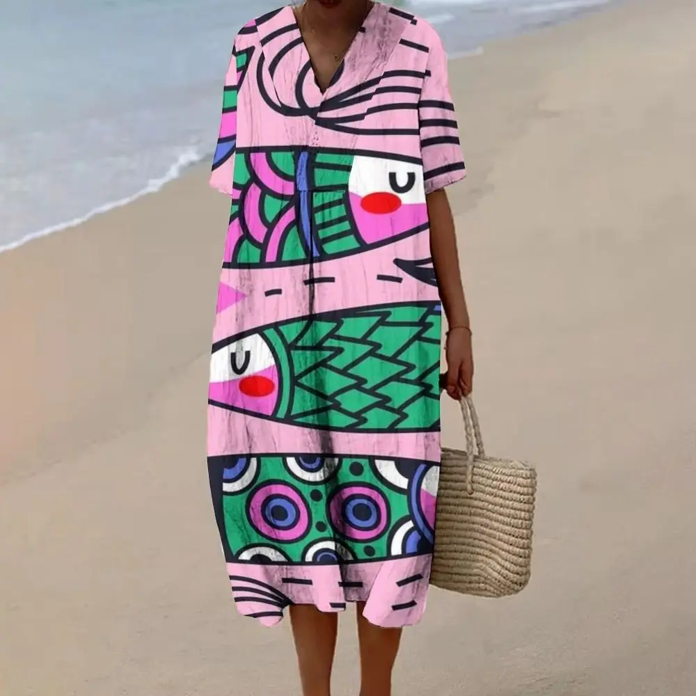 

Women's Sardines Fish Print Dress Pink Autumn Fashion Holiday Dress Luxury Brand Designer V-Neck Baggy Vacation Dress