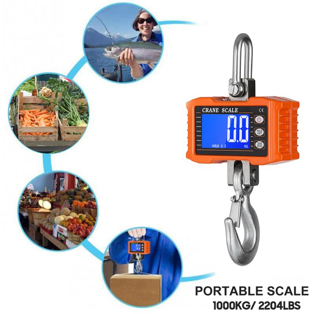 Digital Hanging Scale 1000kg/ 2204lbs Portable Heavy Duty Crane Scale LCD Backlight Industrial Hook Scales Unit Change/Data Hold