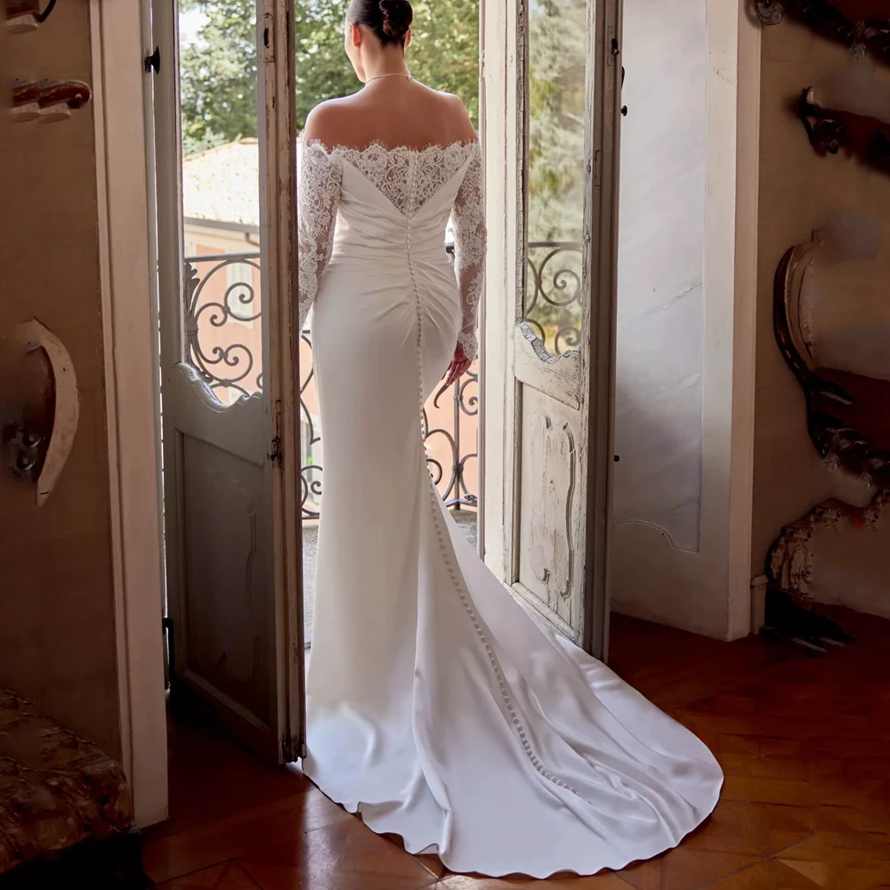 Customized Long Sleeve Plus Size Fit Wedding Dresses Off Shoulder Satin Vintage Lace Bridal Gowns Mermaid Slit Bridal Gown