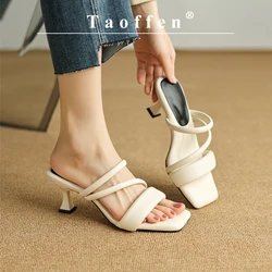 Taoffen Fashion Women's Sandals Women Thin Heels One Word Belt Slippers Comfortable Narrow Band Peep Toe Slingback Lady Shoes