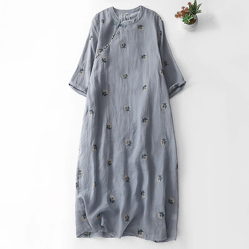 Cotton and linen printing disk buckle medium-sleeved dress female summer new Korean version of the Chinese retro loose temperame