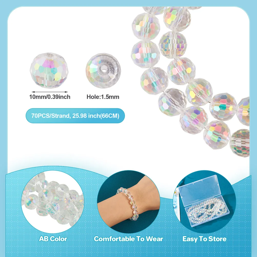 2 Strands Electroplate Transparent Glass Bead Strands 10mm Faceted Round Glass Beads for DIY Jewelry Making