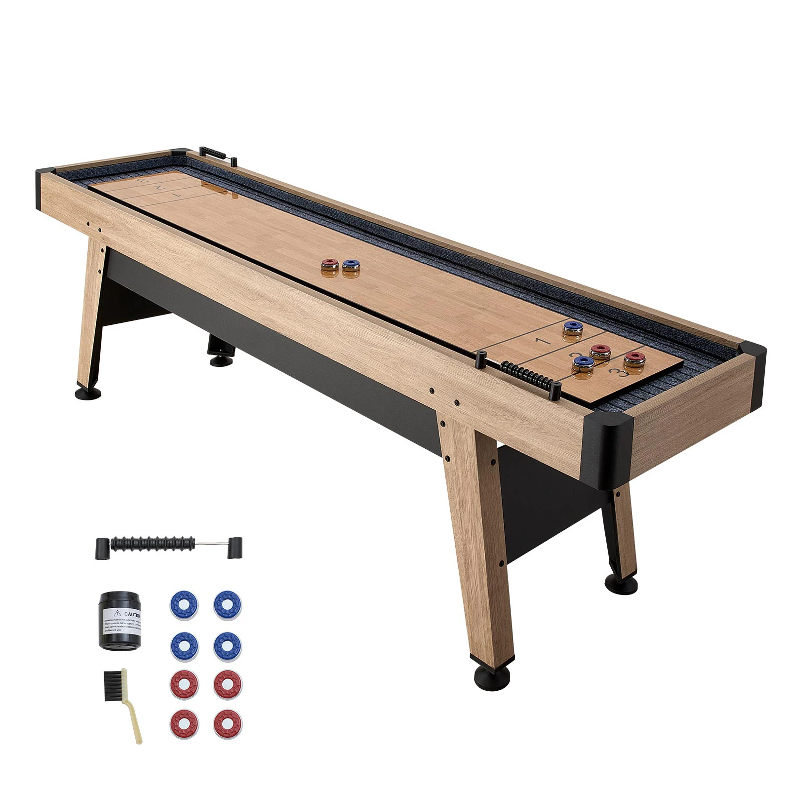 9 ft Shuffleboard Table, Shuffle Board w/ 8 Pucks, Scratch-Resistant Playfield for Smooth, Fast Puck Action, Pedestal Legs with Levelers for Optimum Stability, Wax, Brush