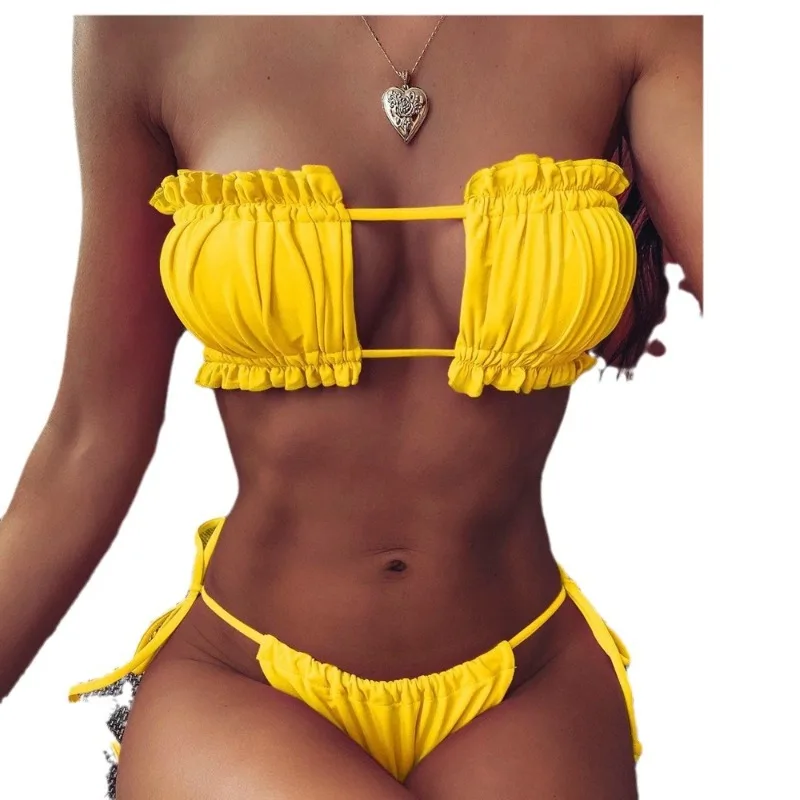 

Европейский и американский женский разноцветный плиссированный купальник-бикини с вырезами и бретелями, состоящий из двух частей, для пляжного отдыха и фотосессий