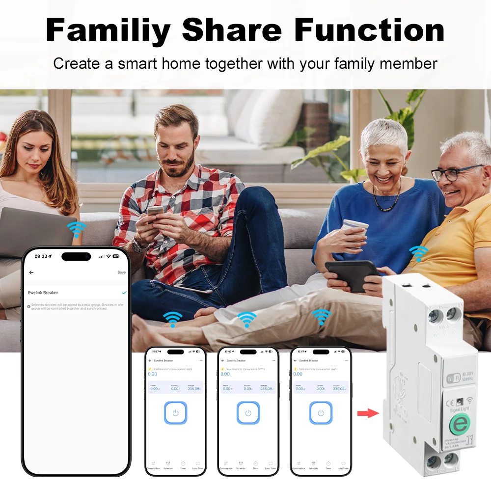 eWeLink 1P + N 63A WIFI قطاع دارة ذكي التبديل الطاقة مقياس الطاقة كيلوواط ساعة مفتاح بالتحكم عن بعد الموقت التتابع MCB الجهد الحالي حماية