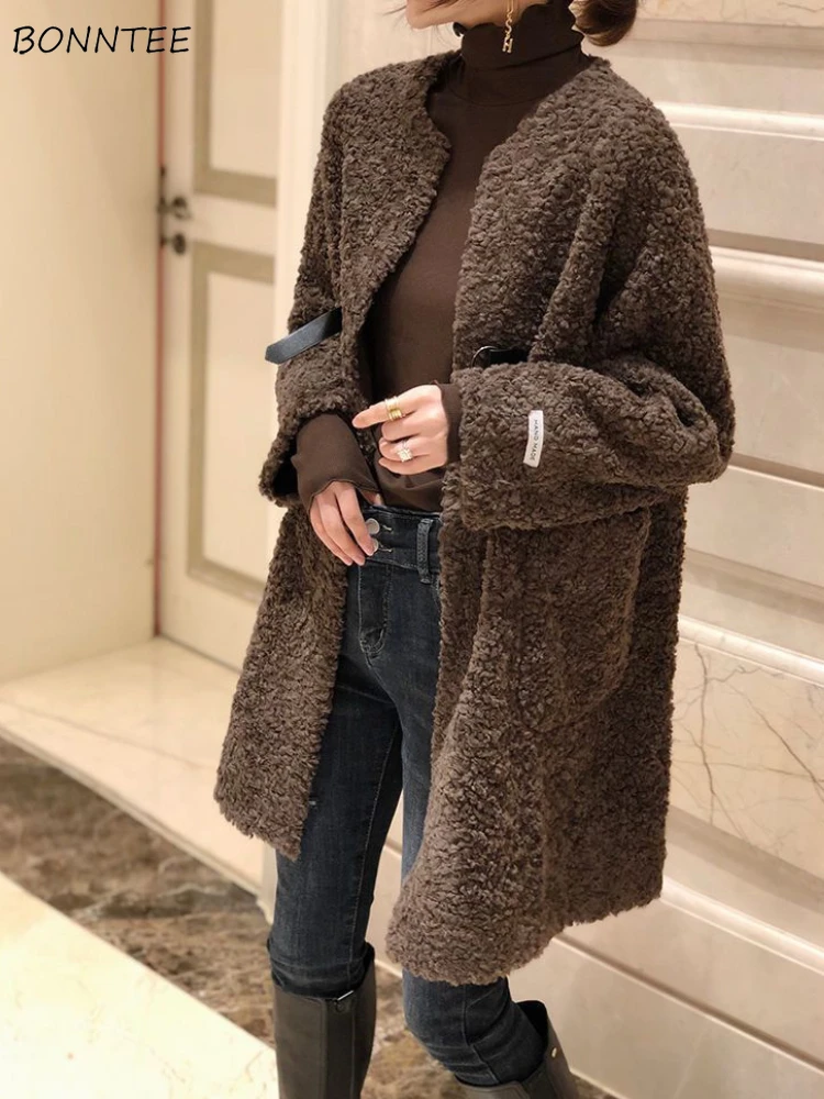 

Fluffy Blends Women Vintage Soft Korean Fashion Simple All-match Autumn Winter Coat Streetwear Aesthetic Outwear High Street Ins