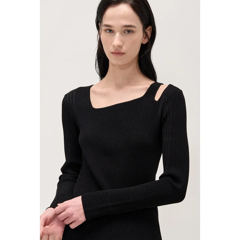 

Slimming Hollow out Square Ne Long Sve Knitwear Women's Faionable Chic Korean Sle Spring Vertical Stripe Pattern