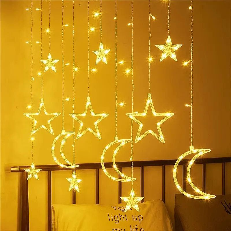 Star and Moon LED Curtain Garland Light String IP44 Grade, Suitable for Eid al-Fitr, Ramadan, Muslim Parties, Perfect Gift