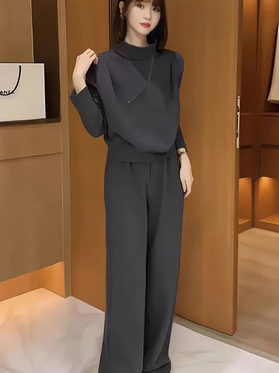 

Fashionable Sweatshirt with Shoulder Pads And Diagonal Zipper Wide Leg Pants Set Casual High Waist Trousers Women's Wear