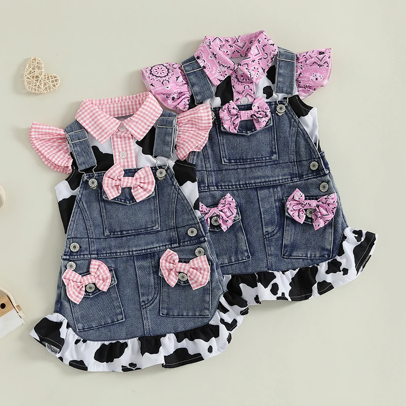 Toddler Cowgirl Outfit Kids Denim Overall Dress Set Cow Print Button Up Shirt Jeans Suspenders Skirt with Pockets