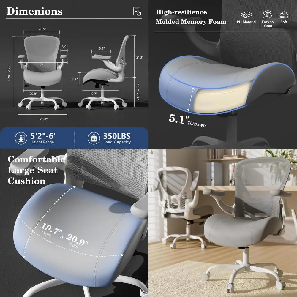 

Эргономичное офисное кресло с сетчатой спинкой и сиденьем из пены с эффектом памяти, регулируемые функции, подходит для дома или работы, серое и белое