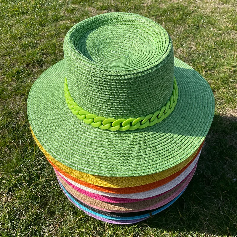 2022 sun hat new macaron color acrylic accessories sun hat outdoor straw hat sunscreen Beach Hat concave convex top straw hat