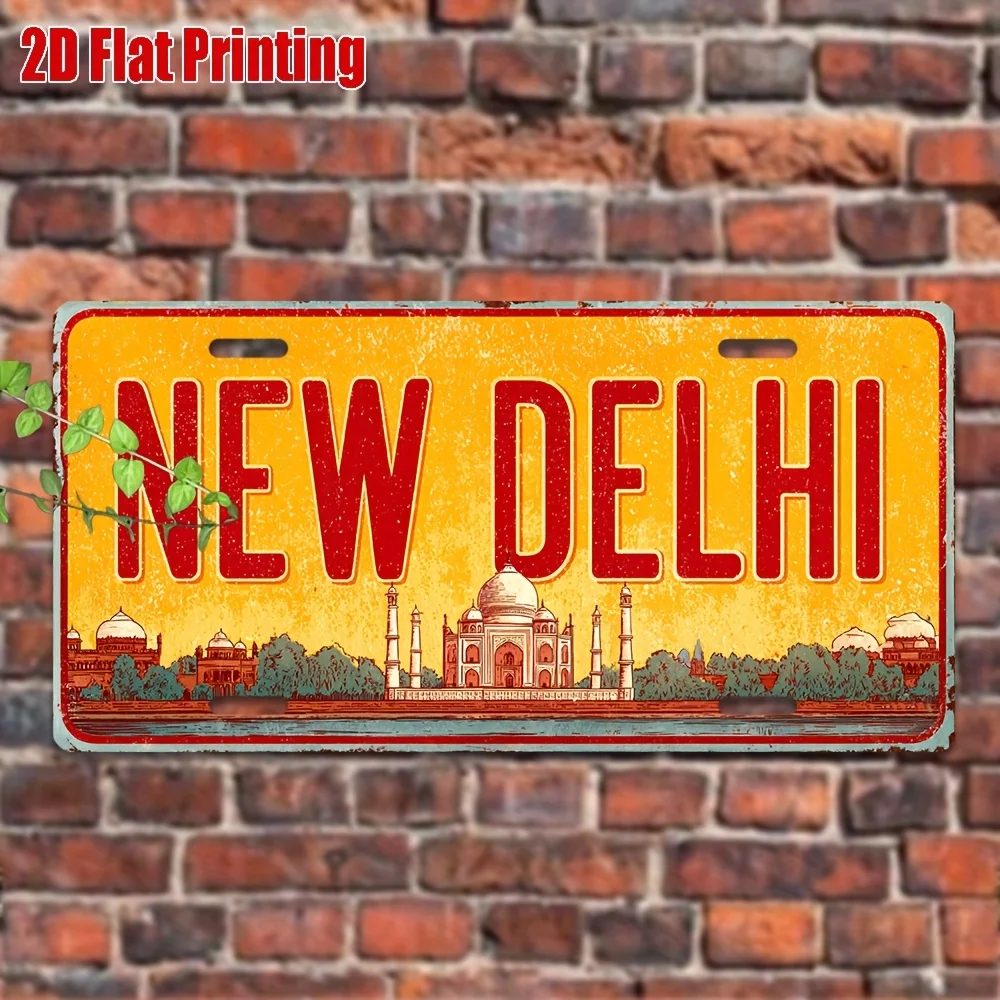 2D Flat, 1pc Vintage Metal License Plate - New Delhi India Taj Mahal Replica - Vintage Yellow And Red Color Scheme - Heavy Alumi