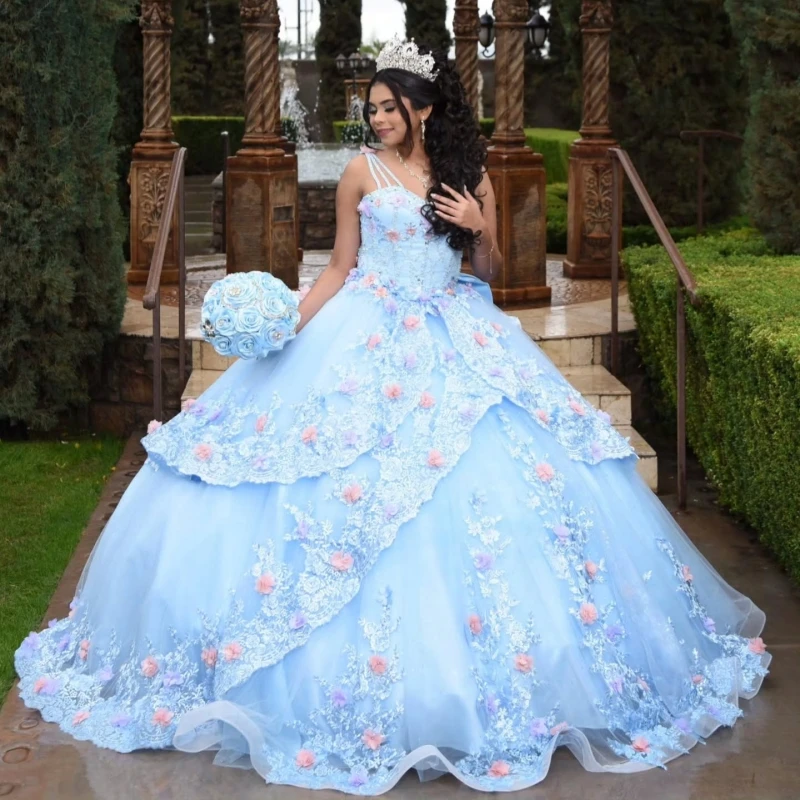 

Sky Blue Shiny Quinceanera Dresses Ball Gown Off The Shoulder Applique Flower Beading Crystal Bow Tull Party Birthday Sweet 16