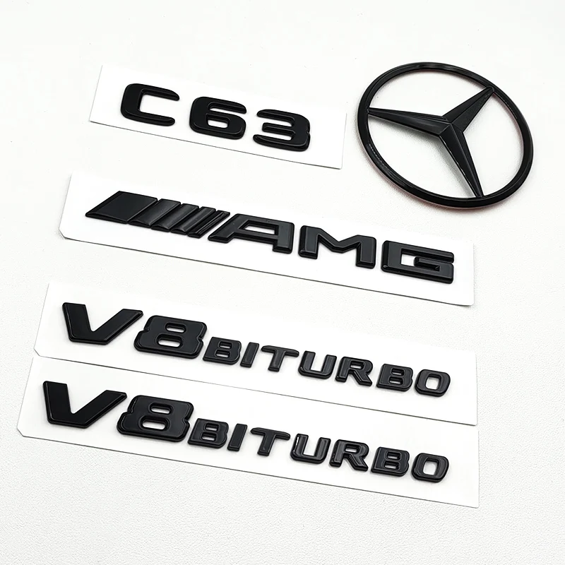 3D ABS Glossy Black Car Letters C63 Logo V8 BITURBO Emblem Badge Sticker For Mercedes Benz C63 AMG C205 C Class Accessories