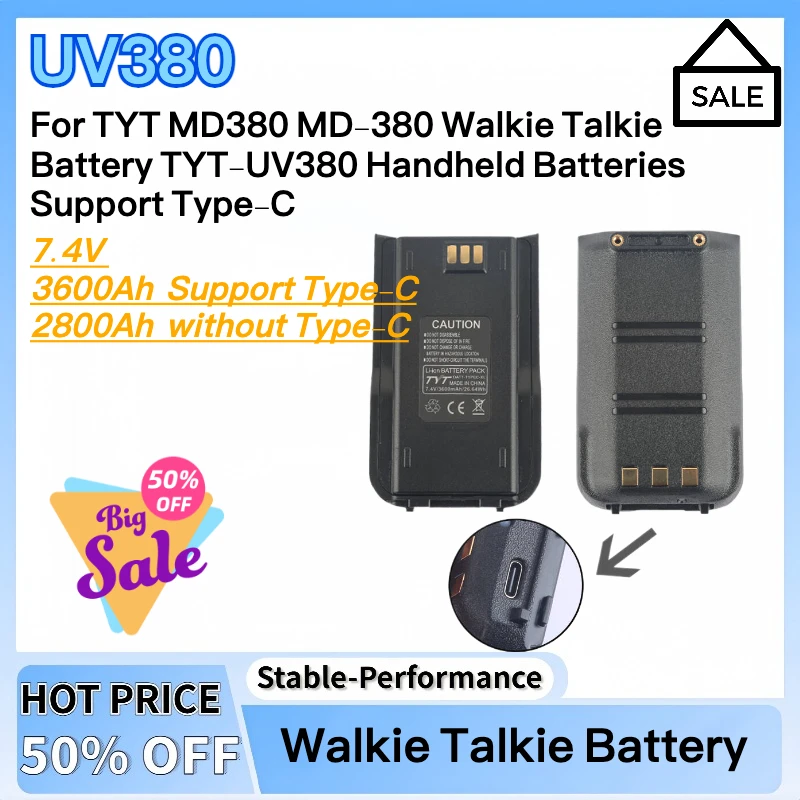 

1Pcs 7.4V 3600Ah New Replacement Battery For TYT MD380 MD-380 Walkie Talkie Battery TYT-UV380 Handheld Batteries Support Type-C