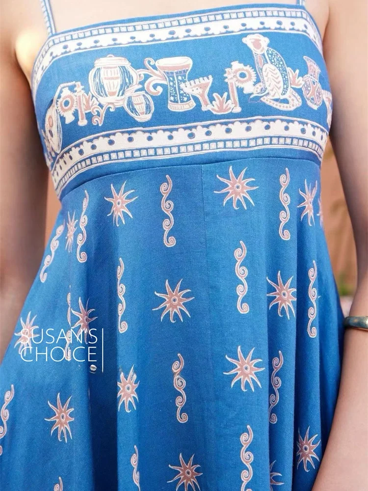 Susan Australian Small ence Linen Vaion Sle New Strapl Blue Floral Print Maxi Dr Women's Summer Svel Dr