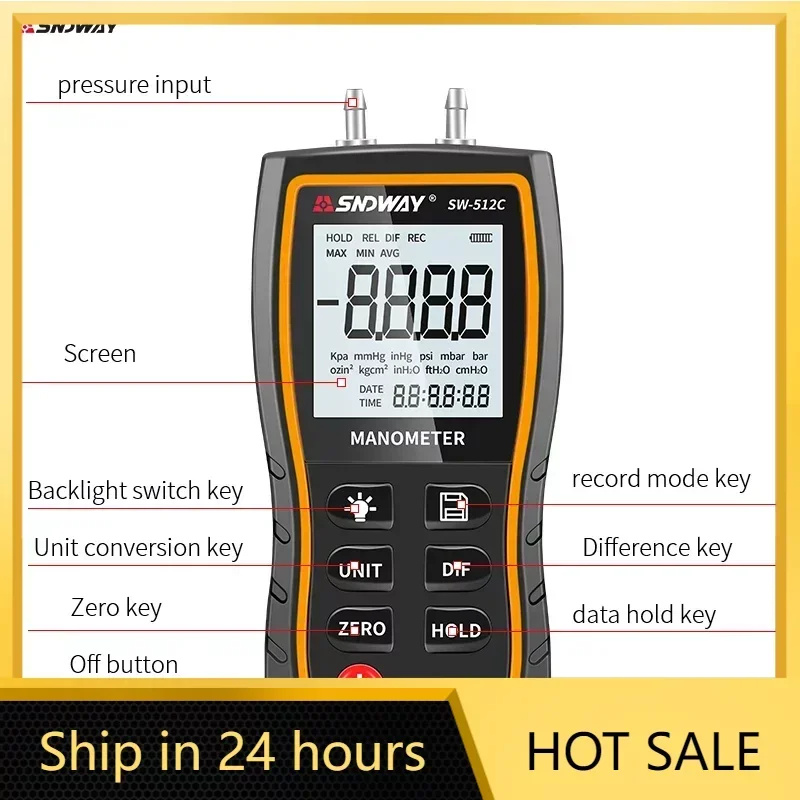 

SNDWAY SW-512 Series Digital Manometer Air Pressure Gauge +-103.42 KPa 0.01 Resolution air pressure Differential Gauge Kit Tool