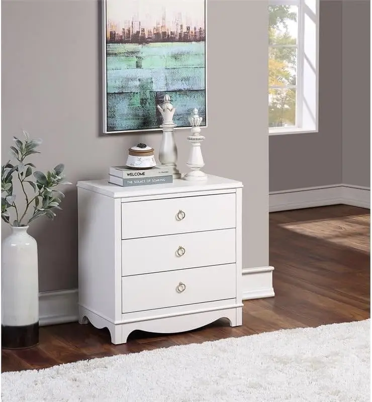 Classic Farmhouse Style White Laurel Wood Finish Three Drawers Bedside Table Storage Solution Nightstand Supreme