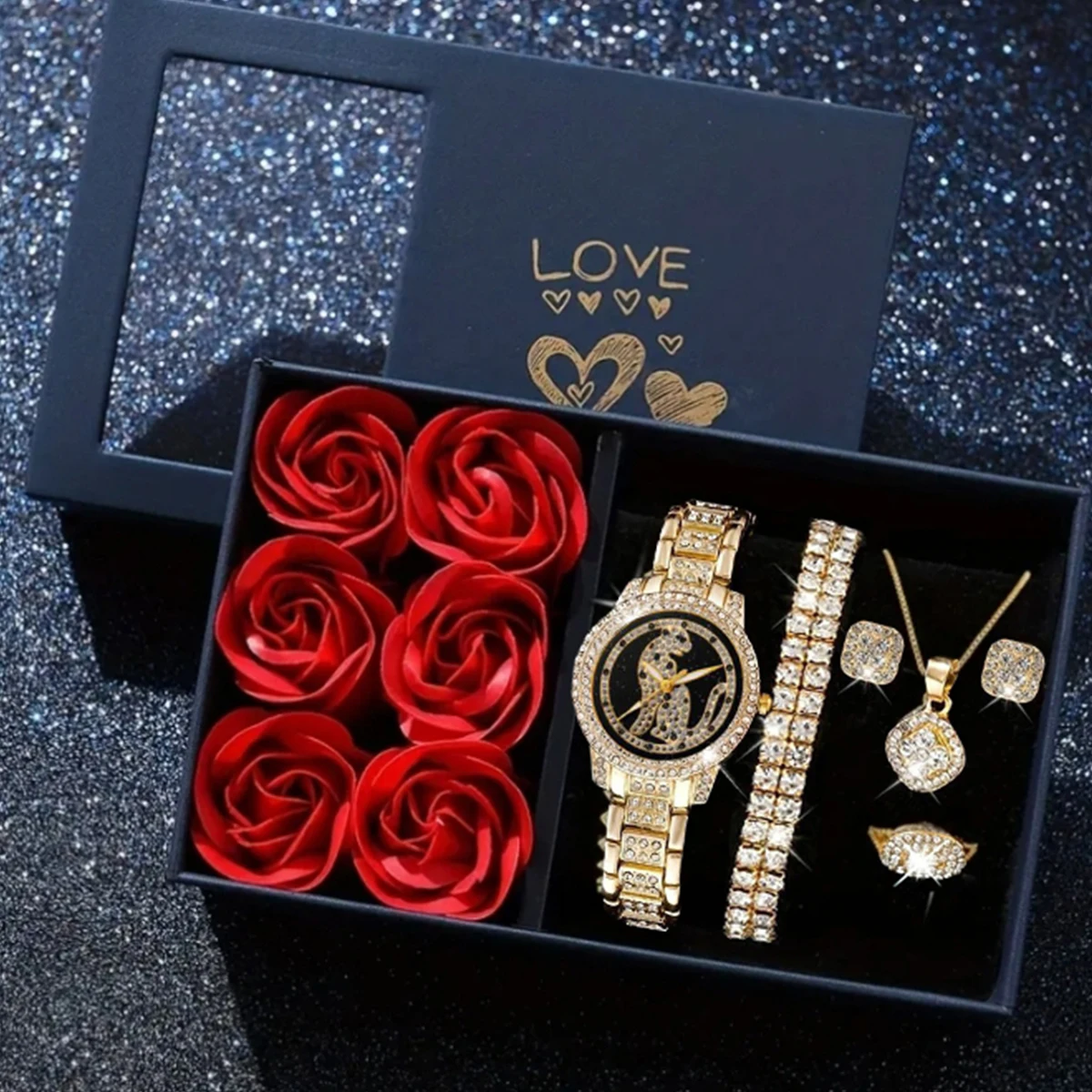 

Модный легкий роскошный высококачественный комплект с бриллиантами, стальной ремень, большой диск, женские кварцевые часы, комплект из 6 предметов, подходит для Христа