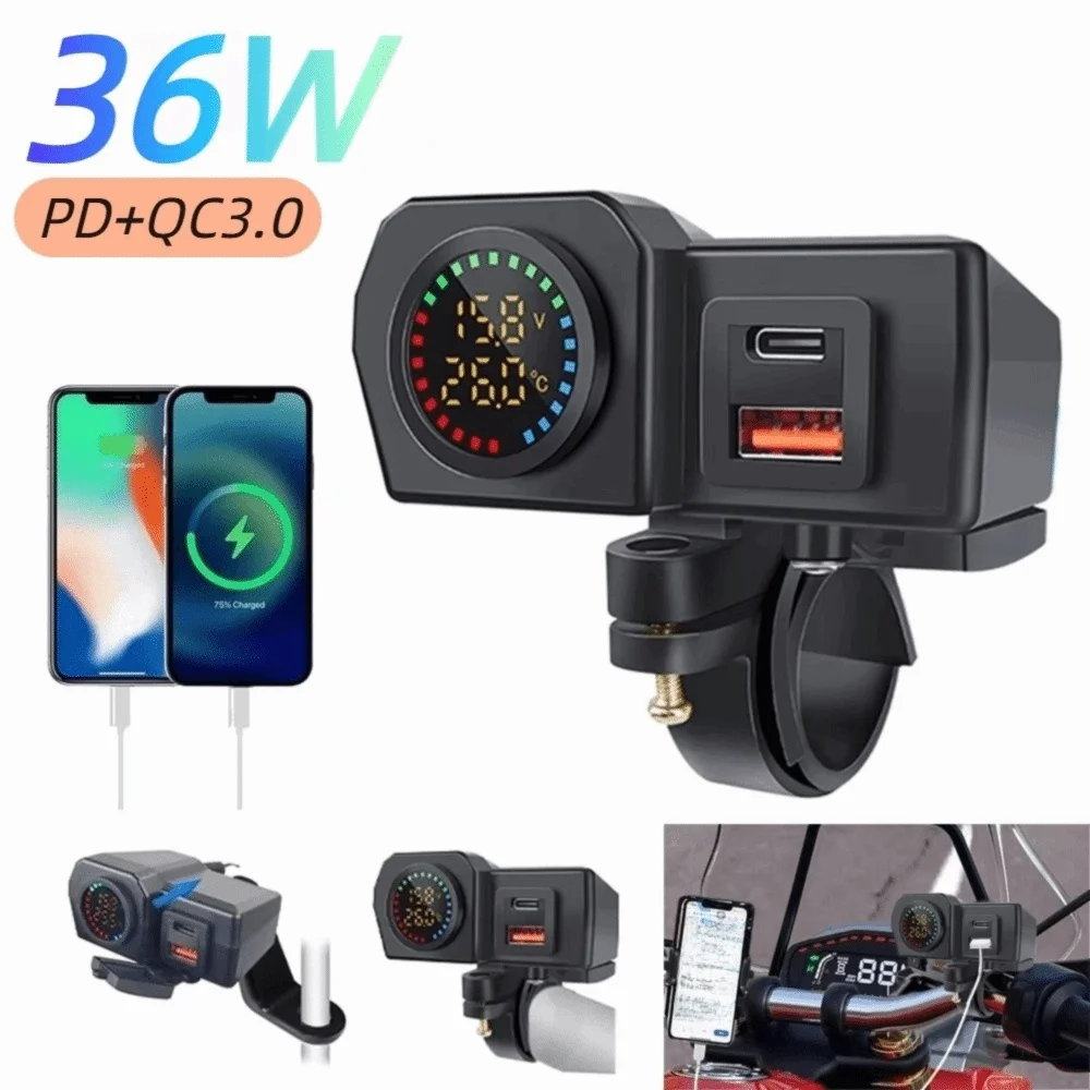 

36W Motorcycle Charger Handlebar Fast Charger QC3.0+PD Charger Color Screen Voltage Display Dual USB Charger Vehicle Charging