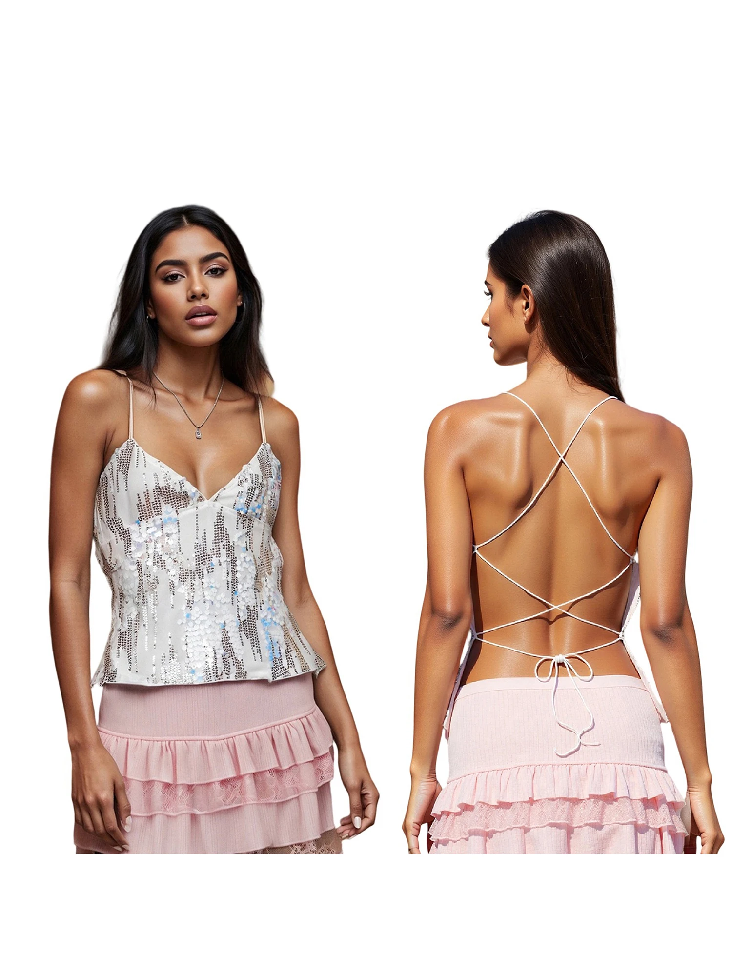 Damskie błyszczące cekinowe crop topy, seksowne topy na ramiączkach z dekoltem w serek, brokatowe bezrękawniki, lśniące bluzki na imprezę i do klubu.