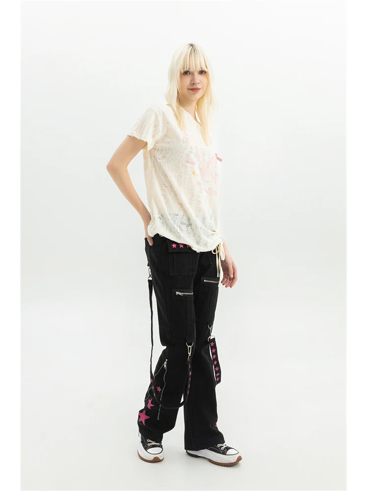 Damen Schwarz Gothic Baggy Cargo Jeans Harajuku Vintage Y2k Denim Hose Cowboy Hose 90er Jahre Ästhetisch Trashy Emo 2000er Jahre Kleidung Neu