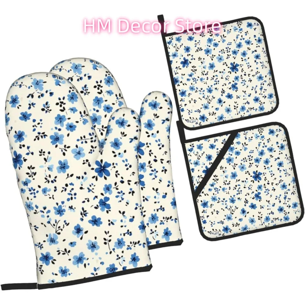 Small Blue Floral Oven Mitts and Pot Holders Sets of 4, Aesthetic Plants Country Heat Resistant Oven Mitts,Non-Slip Cooking Glov