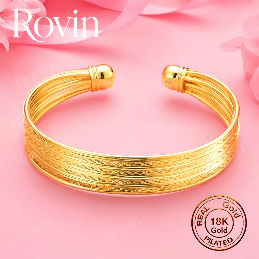 18K Gold Exquisite Multi-Layer Vertical-Ribbed Woven Open Bangle – Stylish Accessory for Women's Weddings and Parties