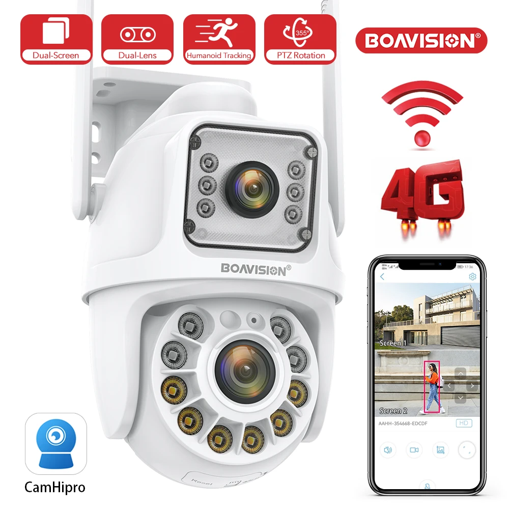 Wifi 4G Camera PTZ Dual-Lens Dual-Screens HD 4MP AI Auto Tracking Humanoid Detection Two Way Audio Camhipro APP Security Camera