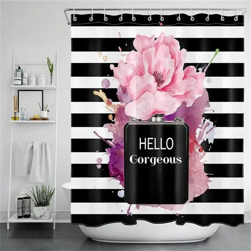 Fashion Perfume Shower Curtains Modern Magazine Books Black White Striped Pink Flowers for Girl Bathroom Decor Polyester Fabric