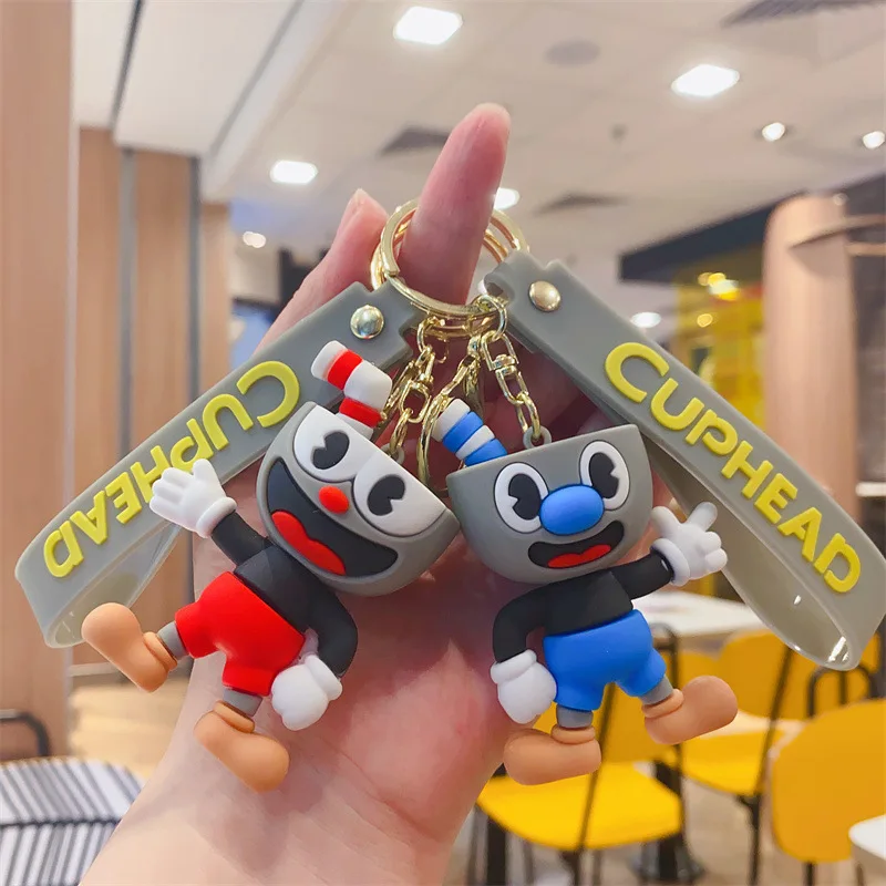 Game Mugman Figure Keychain Anime Cartoon Cuphead Doll Keyring Pendent Car Key Chains Accessories Toys Gifts for Men Women