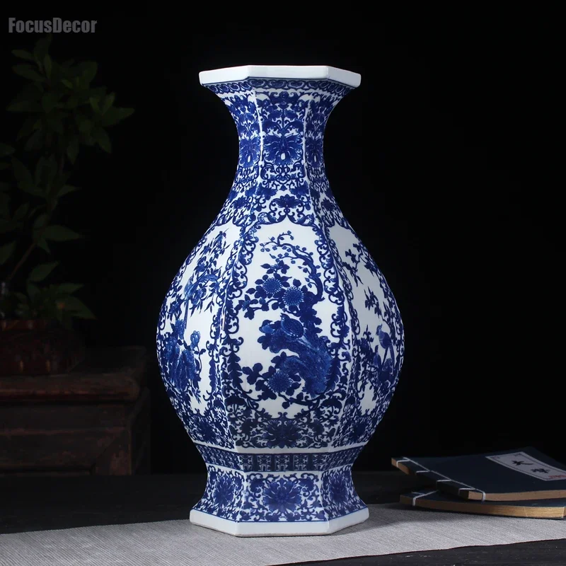 Porcelain Pot Home Decor for Bedroom Belly Vase Jingdezhen Unique Vases Flower and Bird Vintage Blue Ceramic Vase Office Decor