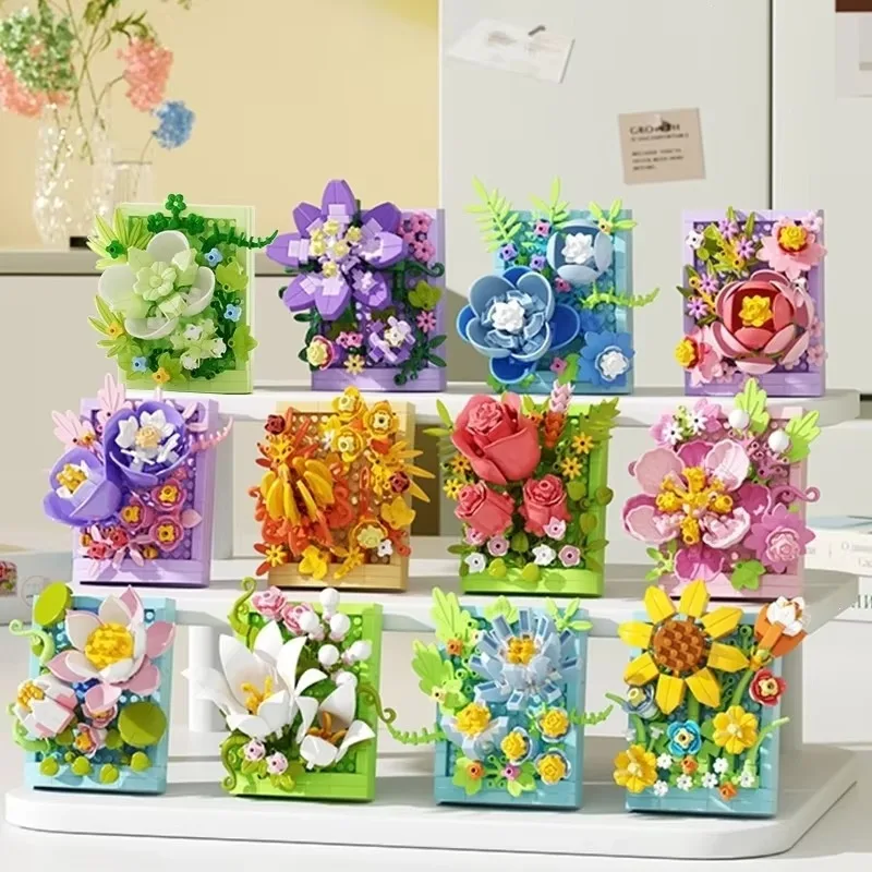Fridge Magnet Photo Frame Eternal Building Block Rose Carnation, DIY Handmade Assembly Ornament Kids' Educational Toy