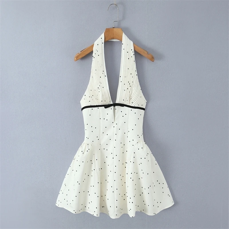 

Sexy White Polka Dot Print Bow Pleated Ruched Halter Dress Women Backless Slim Low Waist Swing Ball Gown Short Dresses Vestidos