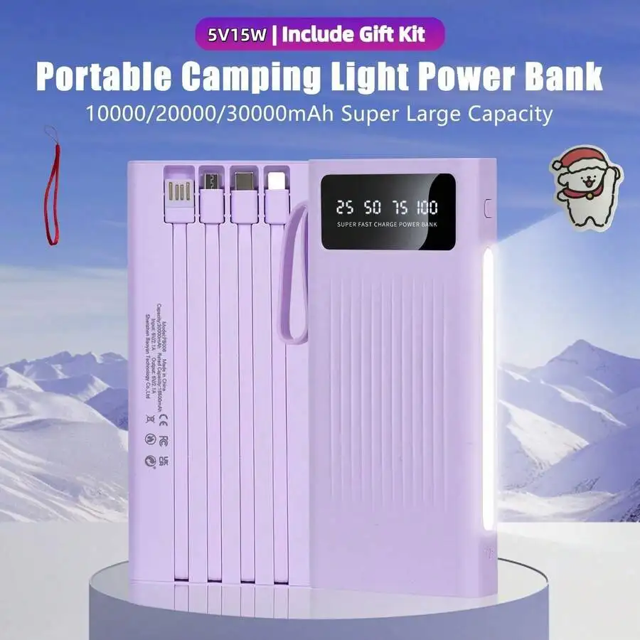 

10000/20000/30000mAh Super Large Capacity 5V2A Portable Fast Charging Power Bank, High Appearance Business Minimalist Style Charger, Build With 4 Cables, 4 Modes Ultra-Bright Camping Lights, Travle Must Have, For 6 7 8 X XR 11 12 13 14 15 16 Pro Max For ,
